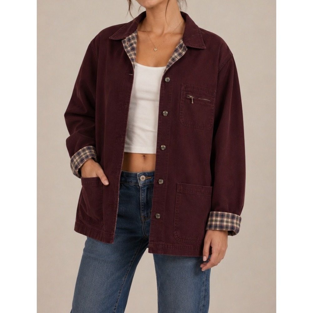 Cabin Creek Burgundy Red Button Plaid Lined Utility‎ Barn Chore Jacket Women S